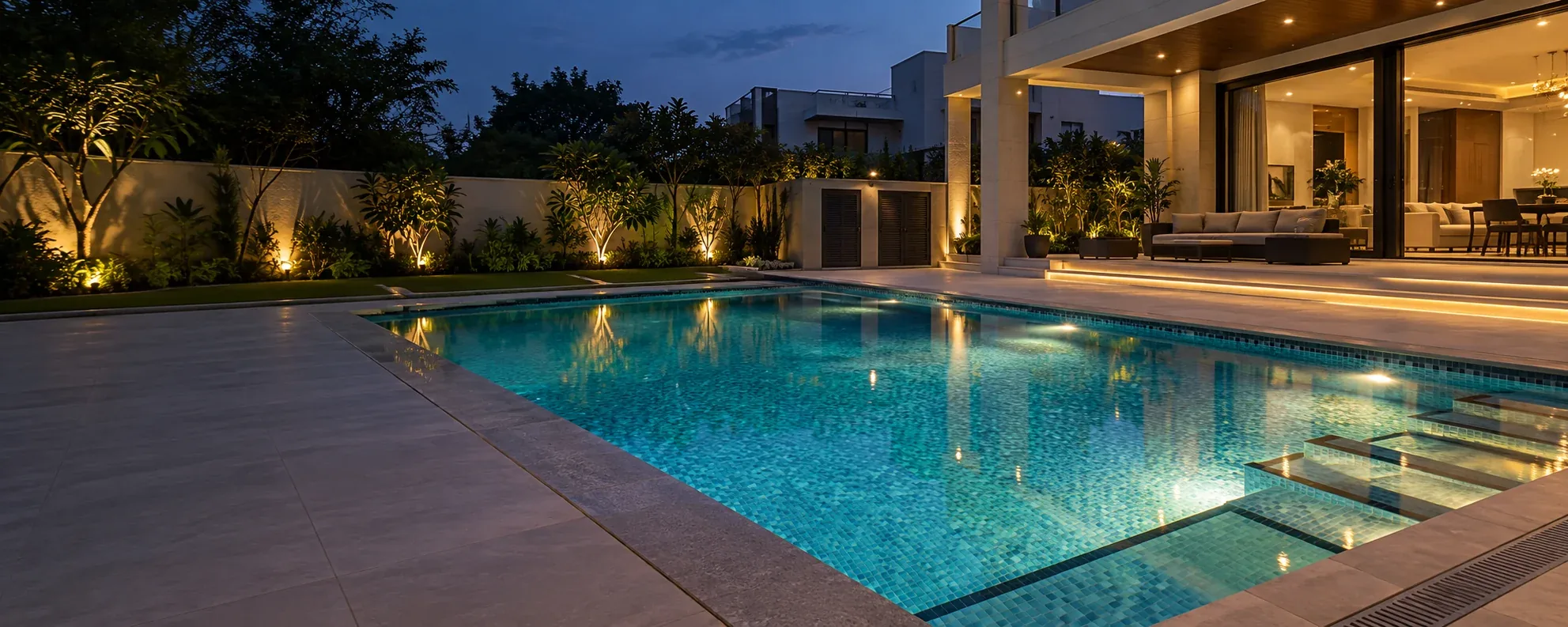Contemporary residential swimming pool beside a North Indian villa at blue hour