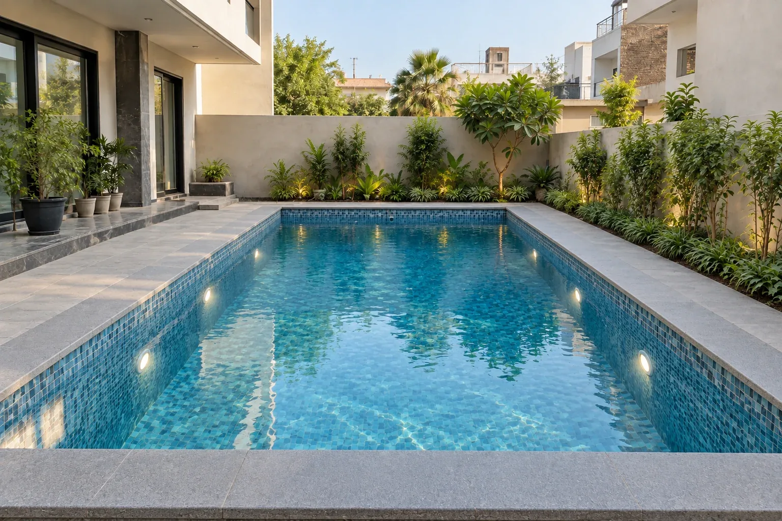 Completed residential pool with mosaic finish, clear water and underwater lights