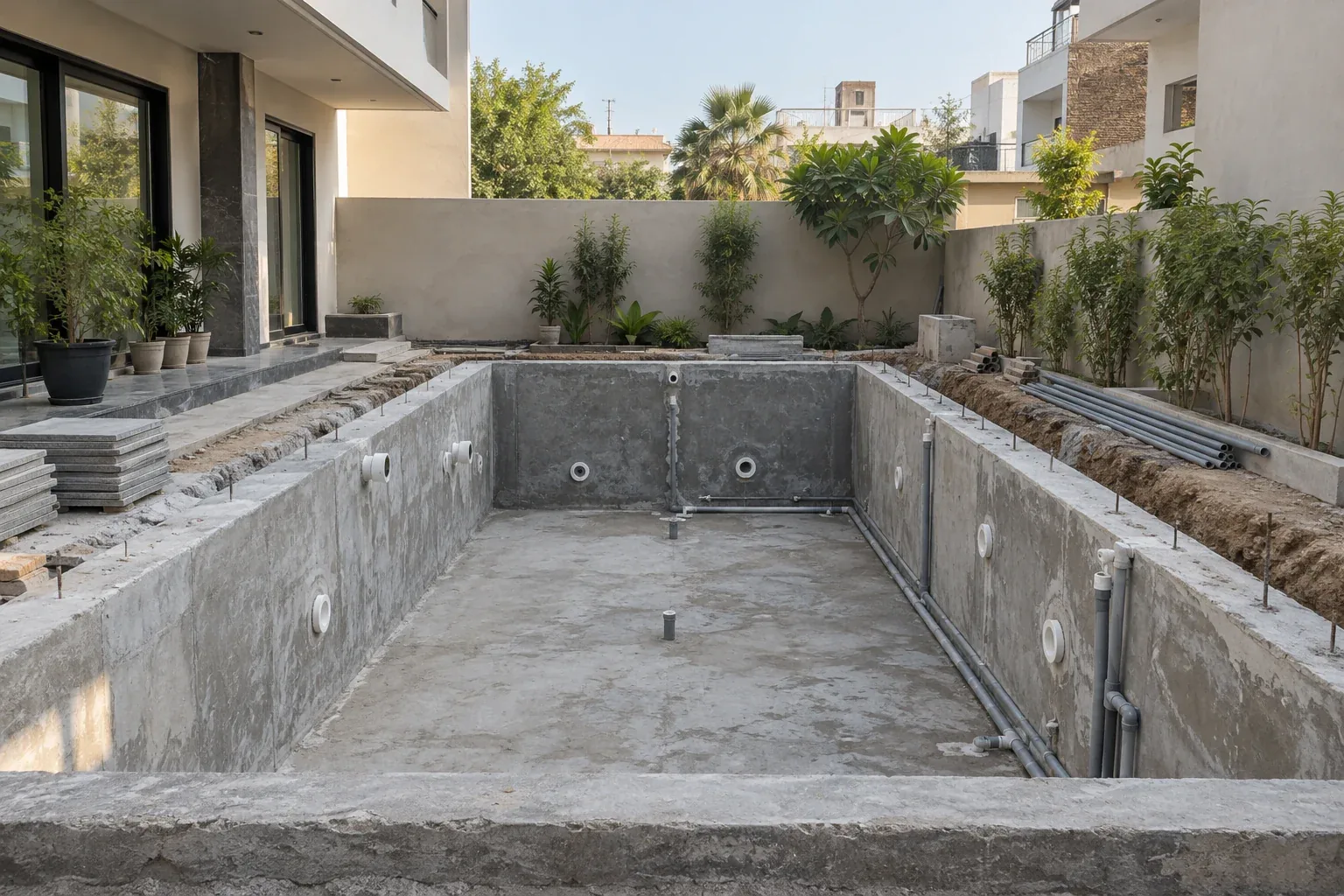 Unfinished rectangular residential pool shell with exposed plumbing lines