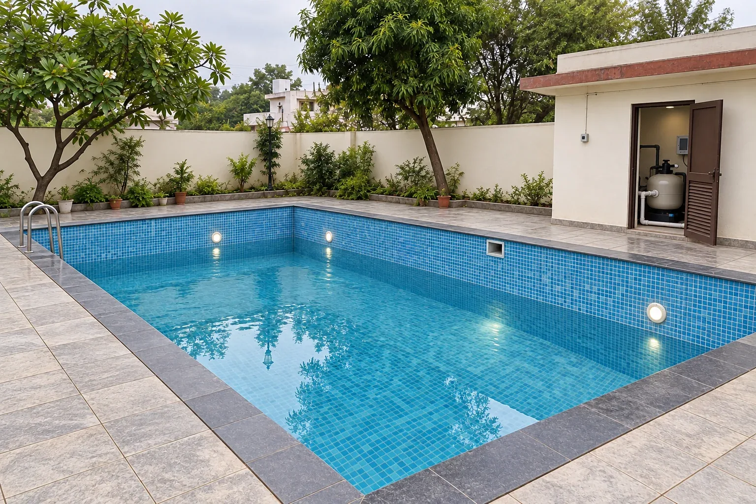 Renovated swimming pool with renewed tiles, coping, lighting and clear water