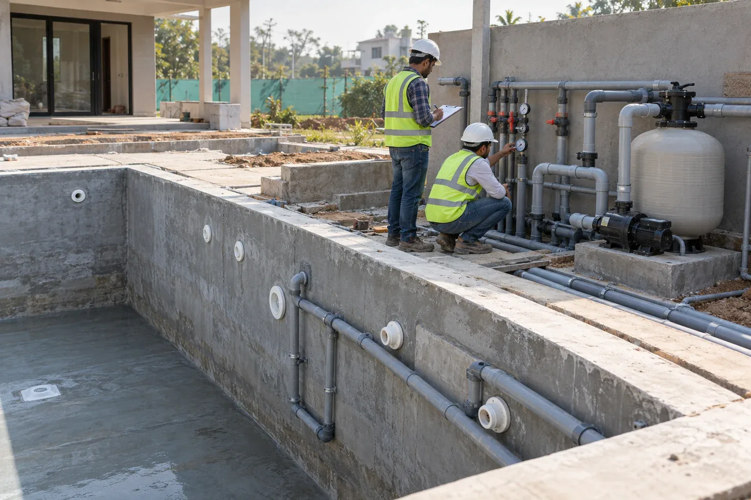 Pool technicians inspecting plumbing and pressure gauges during construction